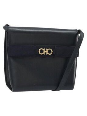 Authentic Salvatore Ferragamo Gancini Shoulder Bag Leather Navy Gold